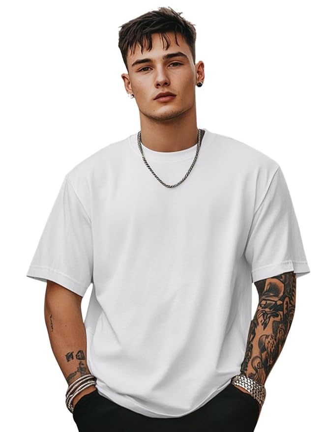 Veirdo® Oversized Baggy Fit Drop Shoulder Half Sleeves Round Neck Solid Pure 100% Cotton T-Shirt for Men