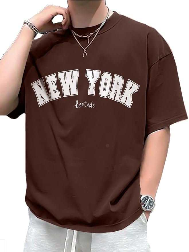 Cotton-Blend Oversized Shoulder T-Shirt (Brown)