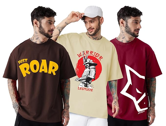 LEOTUDE Men's Cotton Regular Fit Half Sleeve Oversized Tshirt, Round Neck Longline Drop Shoulder | ful Printed Combo T-Shirt (Pack of 3) Clothing T-Shirts