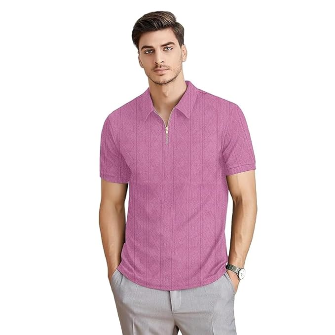 KAJARU Men's Polyster Lycra Regular Fit T-Shirt with Half Sleeve Chain Polo Collar V-Neck Standard Length and Classic Style Clothing T-Shirts