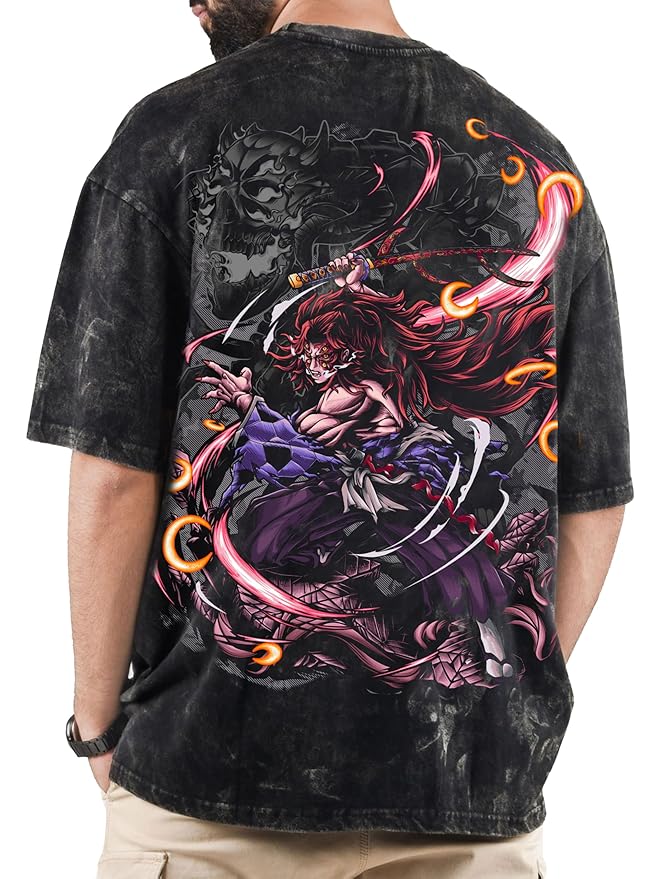Unisex Anime Oversized Stone Washed T-Shirt for Men & Women, 220 GSM Upper Moon One Printed Drop Shoulder Anime T-Shirt Clothing T-Shirts
