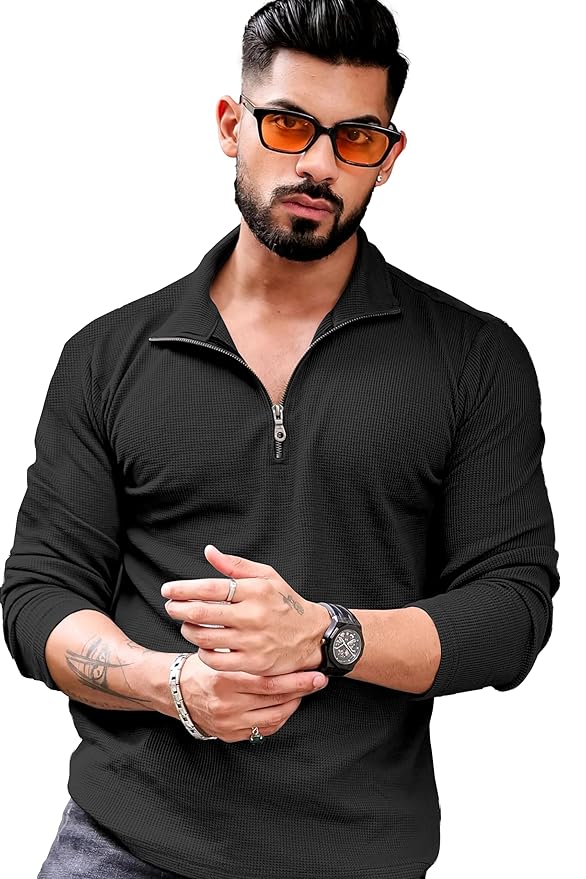 KAJARU Men's Polyester Blend T Shirt with Spread Collar Neck Line Zipper Closure Full Sleeves Solid Pattern Regular Fit and Standard Length Clothing T-Shirts