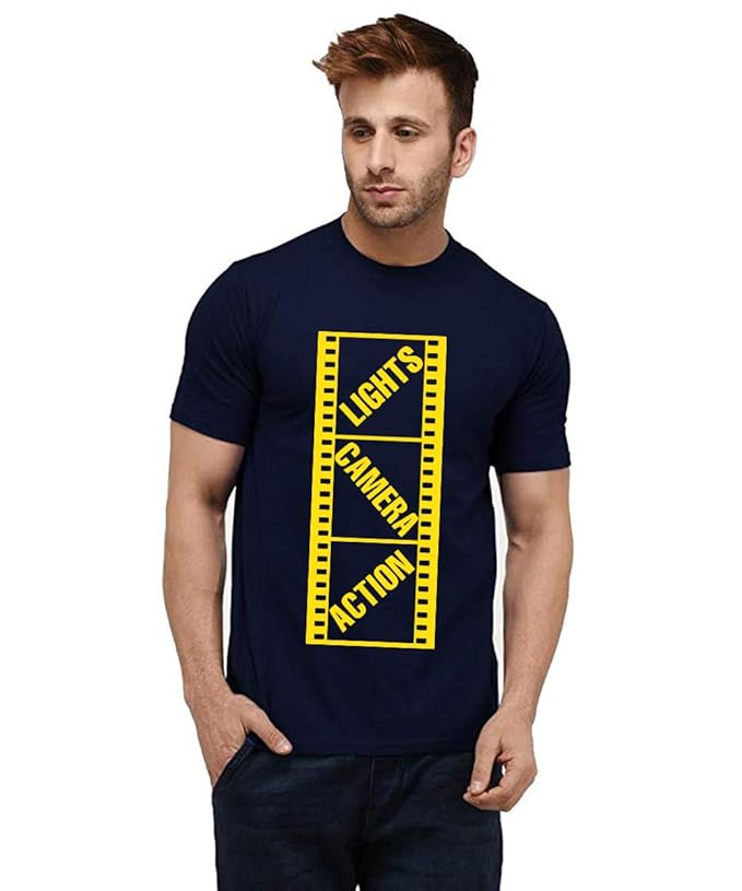 Caseria Men's Cotton Printed T-Shirt -Lights Camera Action Reel | 100% Cotton | Half Sleeves | Regular Fit | Printed | Round Neck | Graphic T Shirt Clothing T-Shirts