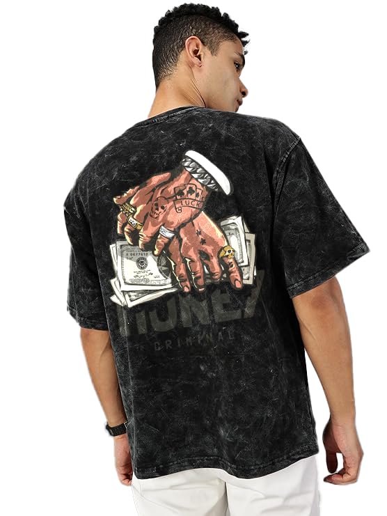 Bee-Fits Cotton Dollar Money Printed Unisex Half Sleeve Dye Wash Oversized Tshirt for Men Drop Shoulder Round Neck Black Pack of 1