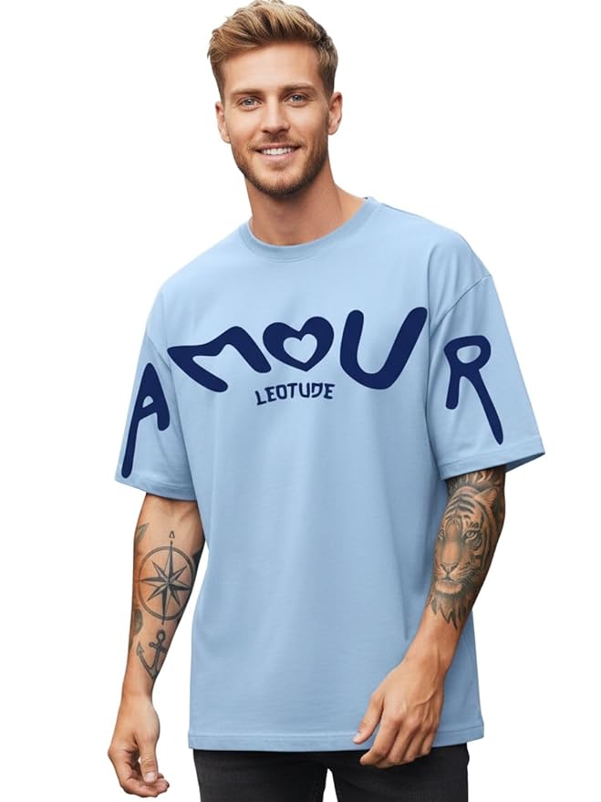 Half Sleeve Cottonblend Graphic Print Round Neck Drop Shoulder Oversized Dailywear Tshirt for Man (Color Aqua Blue) Clothing T-Shirts
