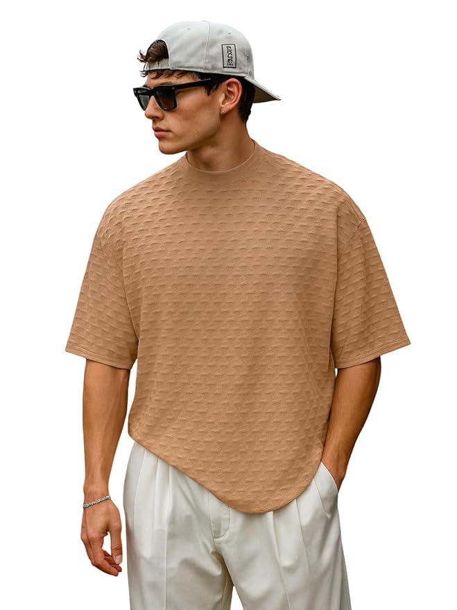 Oversized Half Sleeve Cottonblend Solid Texured Round Neck Drop Shoulder Tshirt for Man (Color Peach) Clothing T-Shirts