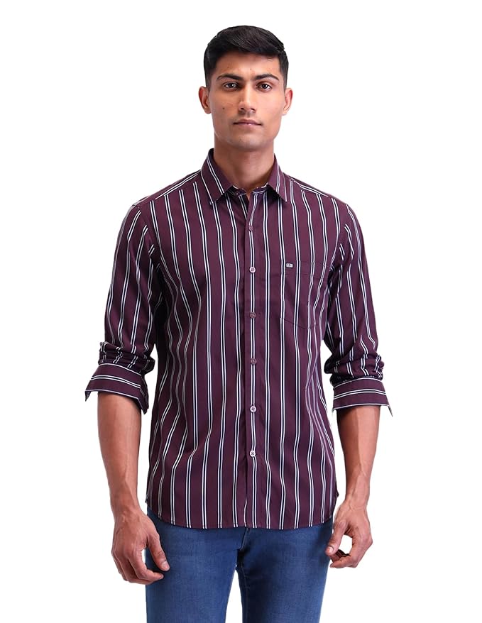 Arrow Sports Mens Red Striped Spread Collar Long Sleeve Casual Cotton Slim Fit Shirt Clothing Shirts