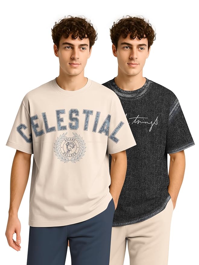 BULLMER Trendy Half Sleeve Oversized Cotton Blend Crew Neck Tshirt for Men - Pack of 2 Clothing T-Shirts
