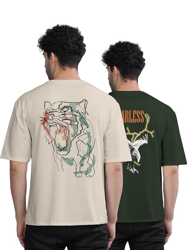 BULLMER Trendy Front and Back Printed Oversized Round Neck T-Shirt for Men - Pack of 2 Clothing T-Shirts