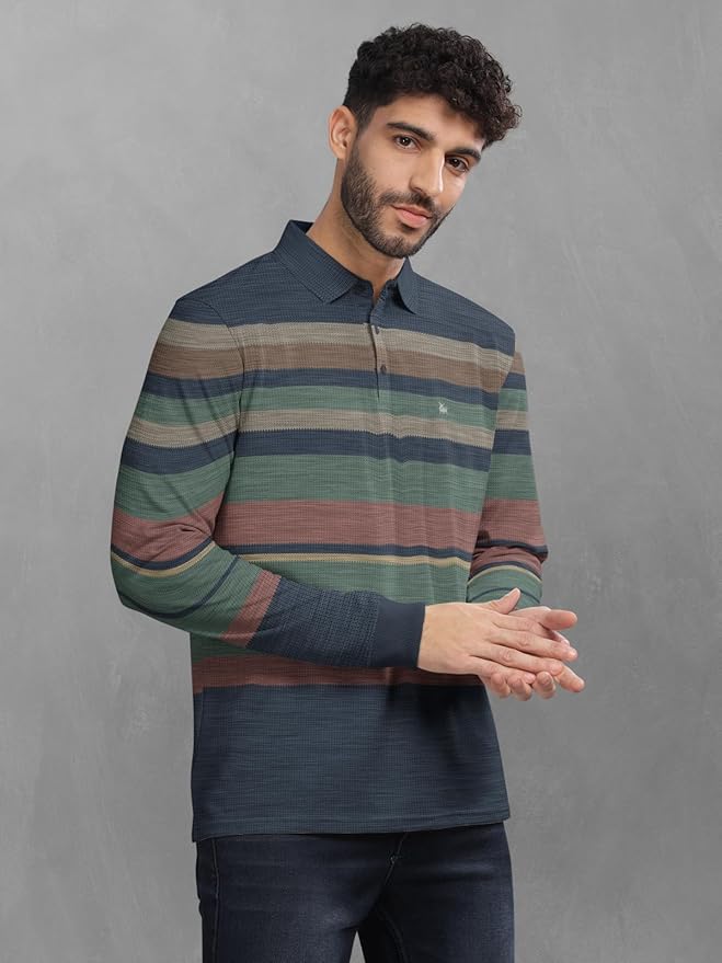 BULLMER Striped Textured Printed Polo Neck Fullsleeve T-Shirt with Rib for Men Clothing T-Shirts