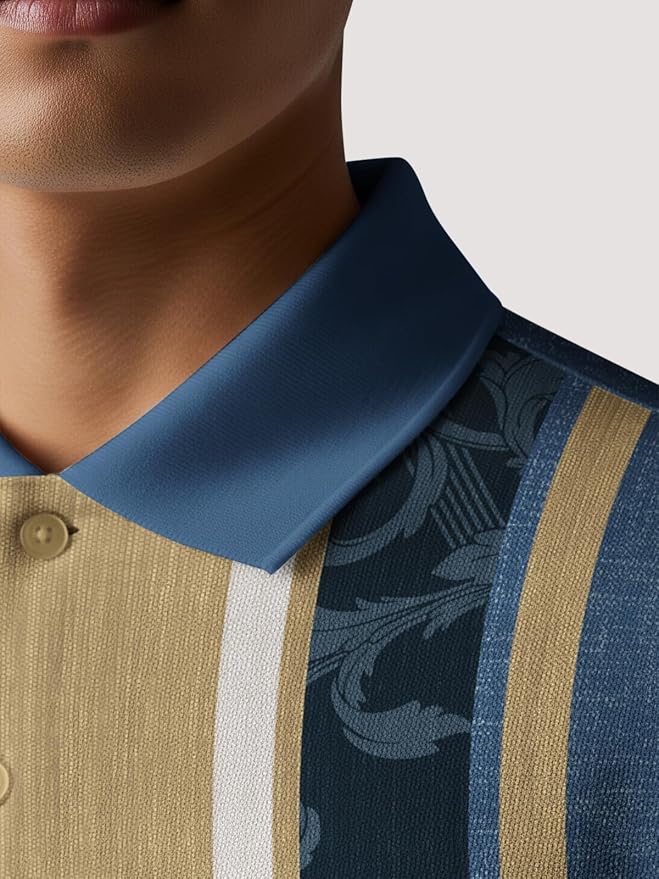 BULLMER White Striped Printed Polo Neck Fullsleeve Tshirt with Rib for Men. Clothing T-Shirts