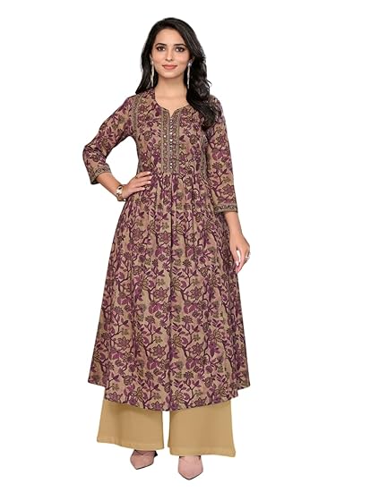 rangita Women's Cotton Relaxed Fit Anarkali Calf Length Embroide Kurti with Drawstring | Kurta Clothing Kurtis