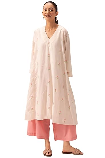 ANNI DESIGNER Pure Cotton Jamdani Choga Kurta Pant Set for Women | Flowy A-Line Kurta with Loose Fit Elasticated Drawstring Pants | Ethnic Clothing Kurtis