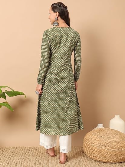 FIORRA Womens Cotton Regular Fit Floral Printed A-Line Kurta Clothing Kurtis