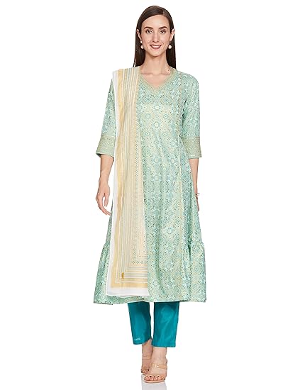 Aurelia Women's Polyester Ocean Wave Geometric V-Neck Straight Kurta Set Clothing Kurtis