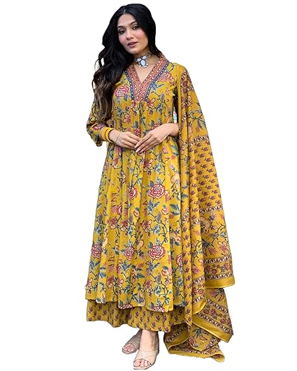 GoSriKi Women's Rayon Viscose Anarkali Printed Kurta with Palazzo & Dupatta Clothing Kurtis