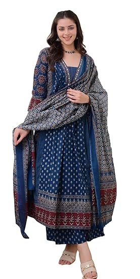 KLOSIA Women's Rayon Printed Anarkali Kurta and Pant with Dupatta Set Clothing Kurtis