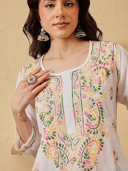 Ada Lucknowi Hand Embroidered Chikankari Cotton Short Kurta Kurti Tunic Top for Women A225311 Clothing Kurtis