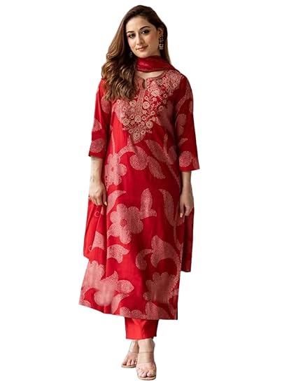 ANNI Designer Bandhani Embroidery Kurta Plazzo Set with Dupatta – Women Kurta Sets for Women | Kurti Set for Women | Suit Set for Women Cotton Clothing Kurtis