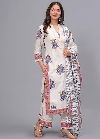 Amayra Women's Pure Cotton Printed Straight Kurta Set with Palazzo Pants & Dupatta- Ethnic Wear, White Clothing Kurtis