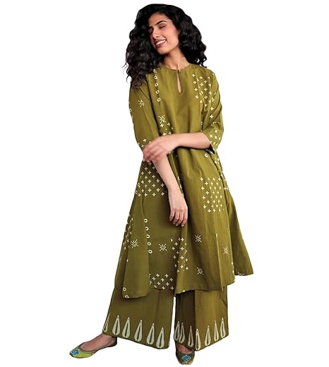 GoSriKi Women's Cotton Kurta Palazzo Set | A-Line Flared Kurta Set for Women | Bandhani Block Print Suit Set | Kurta Sets for Woman Clothing Kurtis