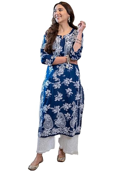 GoSriKi Women's Rayon Blend Chikankari Embroidered Straight Kurta Clothing Kurtis