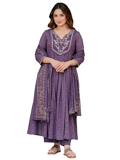 Arayna Women’s 100% Pure Cotton Anarkali Kurta Set with Pant & Dupatta | Embroidered Flared Kurta | Elegant Ethnic Suit for Festive Clothing Kurtis