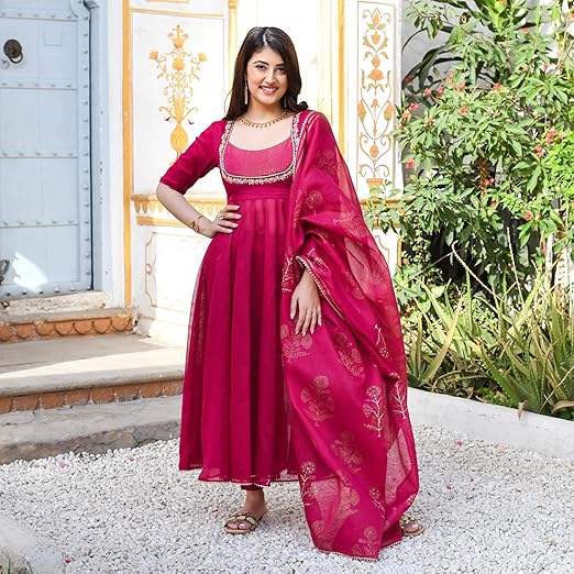 GoSriKi Women's Rayon Viscose Embroidered Anarkali Kurta with Pant & Dupatta Clothing Kurtis