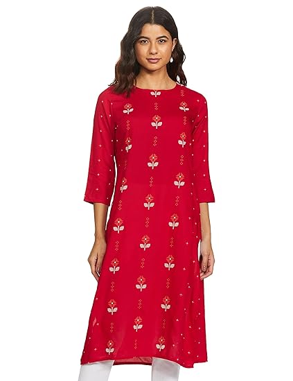 Max Women's Rayon Straight Fit Straight Printed Three-Quarter Sleeves Kurta Clothing Kurtis