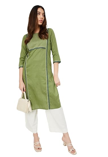 Max Women's Cotton Blend Regular Fit A Line Kurta Clothing Kurtis