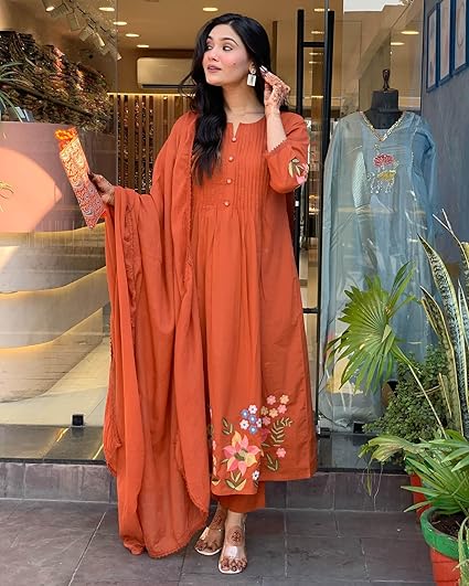 GoSriKi Women's Embroidered Viscose Anarkali Kurta Set with Dupatta - Orange Traditional Festive