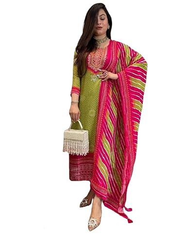 GoSriKi Women’s Viscose Straight Kurta Set with Pant & Dupatta | Bandhej Printed Suit Set | Ethnic Festive Dress Clothing Kurtis