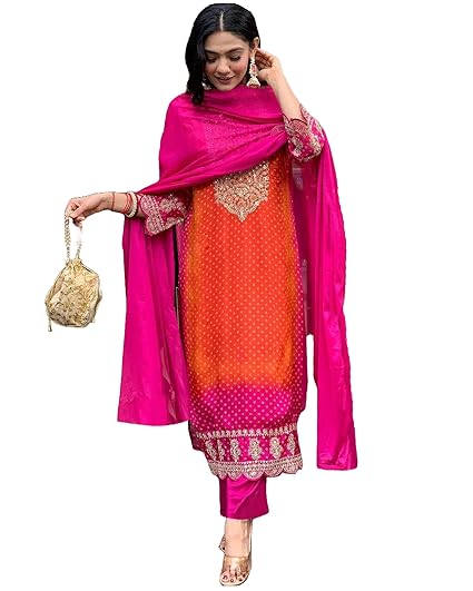 GoSriKi Women's Rayon Blend Straight Embroidered Kurta with Pant & Dupatta Clothing Kurtis