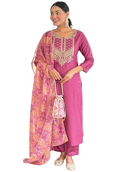 Naixa Women's Rayon Digital Embroidery Work Casual Wear Straight Kurta with Rayon Bottom Wear and Tabby Dupatta Set (NX2-717-Pink) Clothing Kurtis