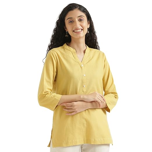 SAADAA Women Short Kurti Airy Linen Regular Fit Kurta with 3/4th Sleeves, Mandarin Collar, Side Slit Perfect for Casual, Formal, and Ethnic Wear Clothing Kurtis