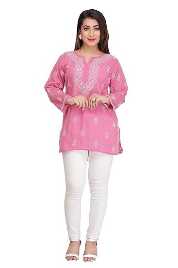 Ada Women's Cotton Regular Fit Tunic Top Hand Embroidered Lucknowi Chikankari Short Kurti A210717 Clothing Kurtis