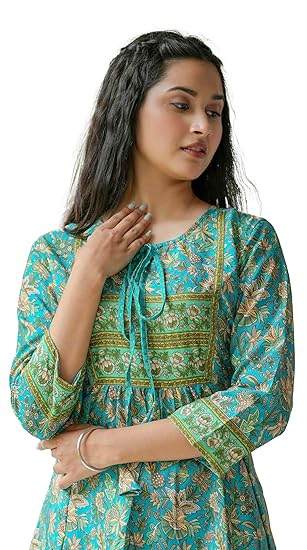 Yash Gallery Women's Polyester Relaxed Fit Short Floral Placet 3/4 Sleeve and Keyhole Neck Printed Kurti Clothing Kurtis