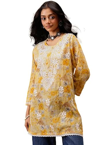 Ada Women's Cotton Regular Fit Tunic Hand Embroidered Lucknowi Chikankari Printed Short Kurti Top A911454 Clothing Kurtis