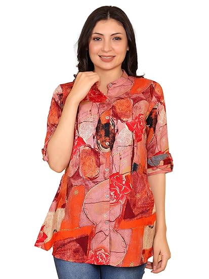 FIMS - Fashion is my style Rayon Abstract Printed Short Kurti for Women, Tunics Tops, Ethnic Wear for Office, Flared, Mandarin Collar V Neck, Roll-Up Sleeves, Summer Wear, Ideal Gift for Girls Clothing Kurtis