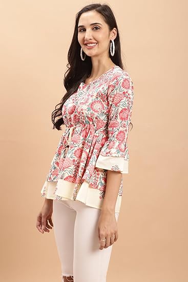 Rajnandini Women's Pure Cotton Jaipuri Printed Short Western Top (JOPLJPR711_Cream)