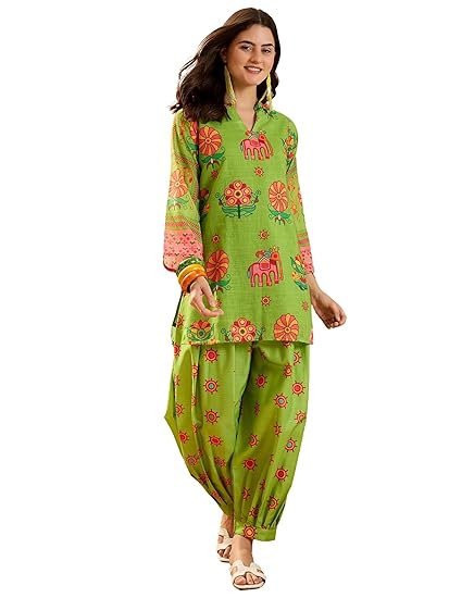 EthnicJunction Women's Linen Floral Print Summer Wear Straight Short Kurti with Afghani Pant Set | Kurta Pant Set | Office wear Kurta Set | Vacation wear Kurta Set