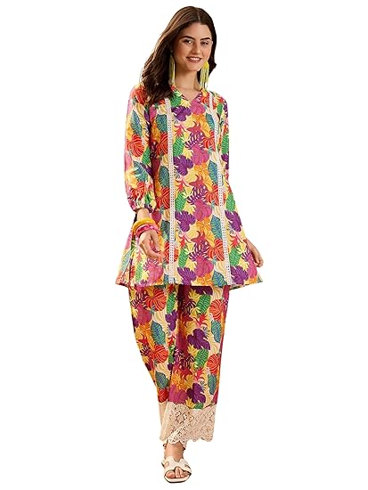 EthnicJunction Women's Poly Rayon Floral Print Summer Wear Straight Short Kurti with Pant Set | Kurta Pant Set | Office wear Kurta Set | Vacation wear Kurta Set Clothing Kurtis