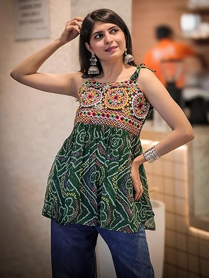 EthnicJunction Women's Georgette Bandhani Shoulder Knot Flared Short Kurti | Tunic top for Women | Sleeveless top | Navratri speical Top Clothing Kurtis