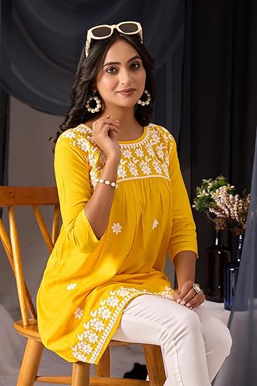 Sidhidata Rayon Floral Embroidered Short Kurti | Short Anarkali Kurti for Girls | Women's Casual Sleeveless Printed Top | Tops for Women (Kurti Myra) Clothing Kurtis