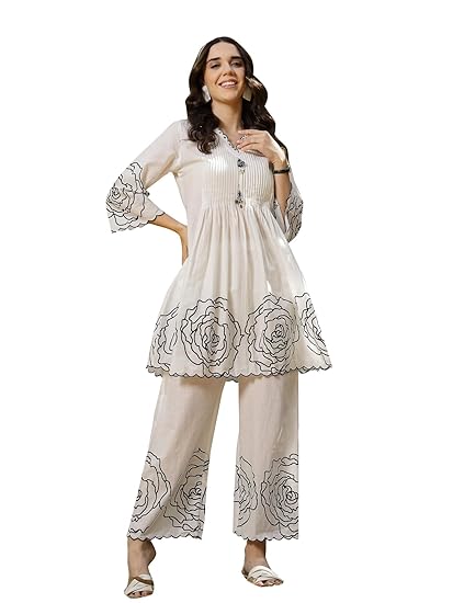 Stylum Women's Floral & Embroidered Cotton Short Kurti Palazzo Set Clothing Kurtis