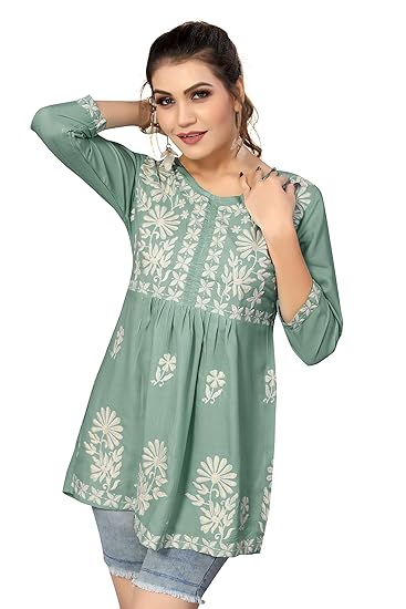Bee M Pee Designer Short Kurti Tops for Jeans for Women I Chikankari Rayon Cotton Long Kurta Kurti for Women I Stylish wear Kurti top for Girls Clothing Kurtis