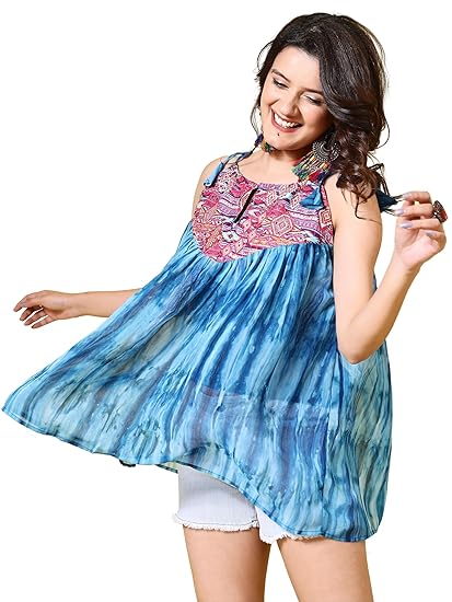 EthnicJunction Women's Georgette Shoulder Knot Flared Short Kurti Clothing Kurtis