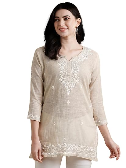 Ada Women's Cotton Straight Fit Straight Hand Embroidered Lucknowi Chikankari Khadi Short Kurti Top A911388 Fawn Clothing Kurtis
