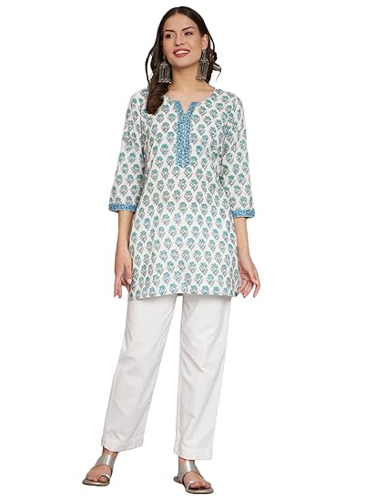 Rapsodia Women Cotton White Ethnic Buti Printed Short Kurti, White Blue Kurti for Women, Short Kurta for Women, Tunic Kurti for Women Stylish, Tunic Kurti Tops for Women Stylish Clothing Kurtis