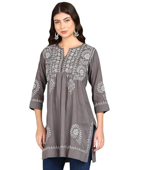 Vahson Women Grey Chikankari Hand Embroidered Pure Cotton A-Line Kurti Clothing Kurtis